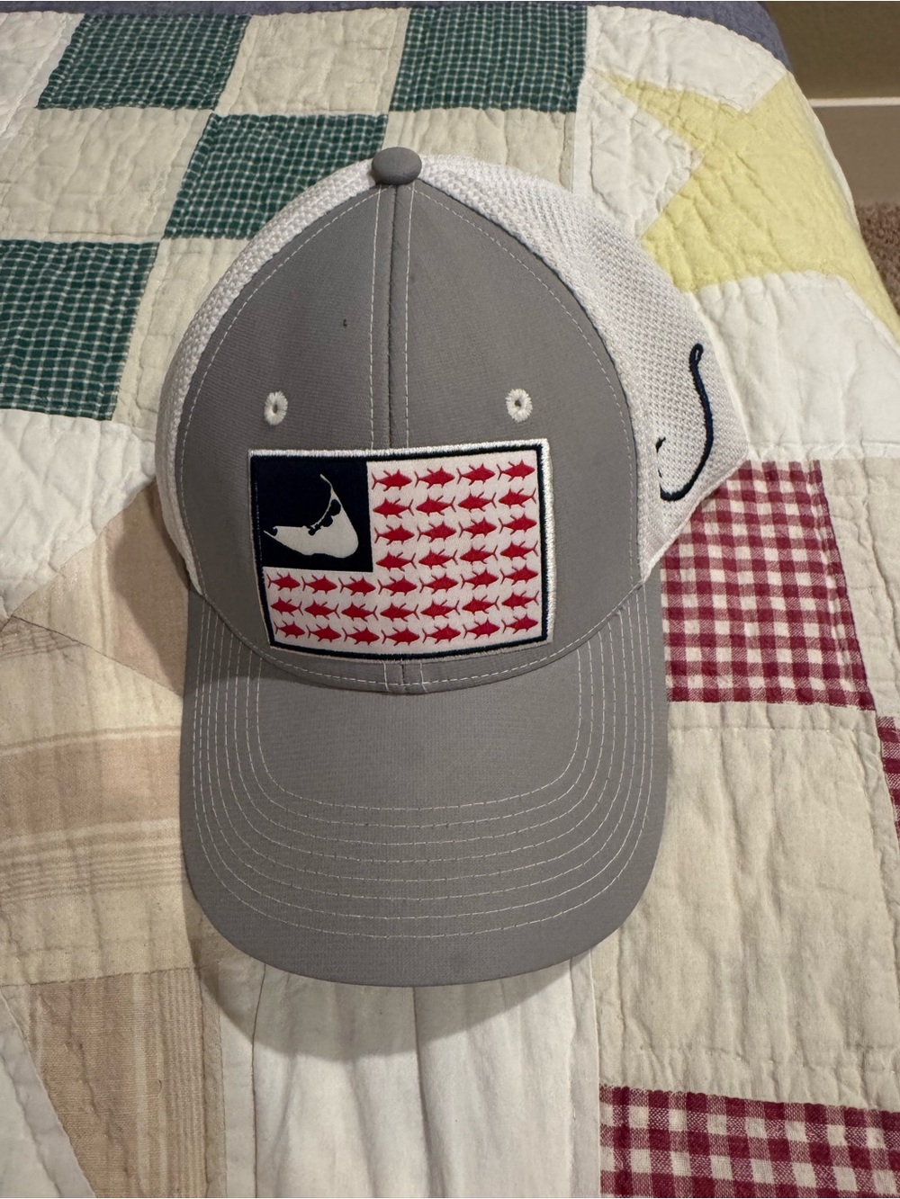 Gray and White Mesh Trucker Hat with Red Fish Patch
